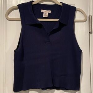NWOT Sincerely Jules Size XL Blue Ribbed Knit V Neck Collar Sleeveless Crop Top